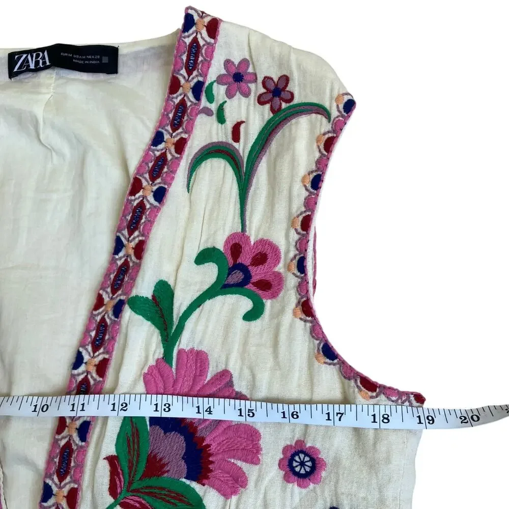 Zara Sz M Floral Embroidered Open Front Vest Cream Multicolor Folk Style - Picture 13 of 16